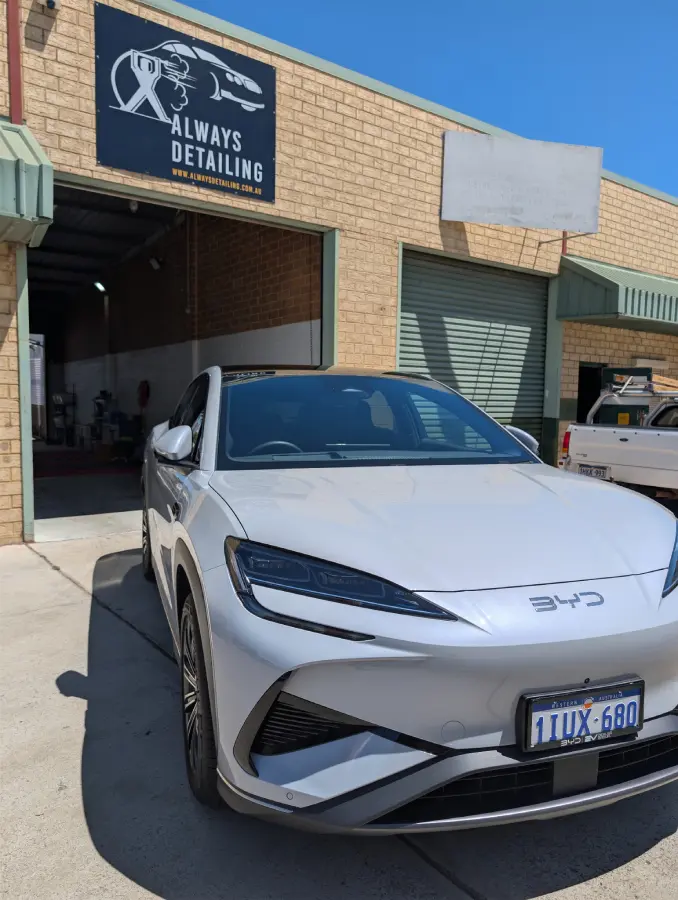 White BYD after ceramic coating outside the Always Detailing workshop